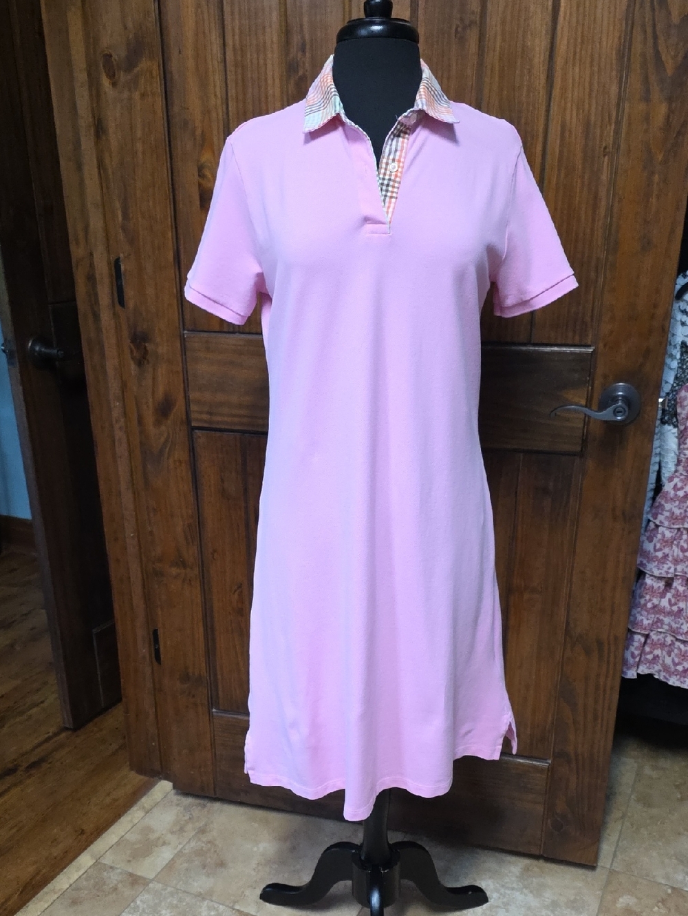 Lands' End Pink Polo Shirt with Plaid-Trim Collar - Size M